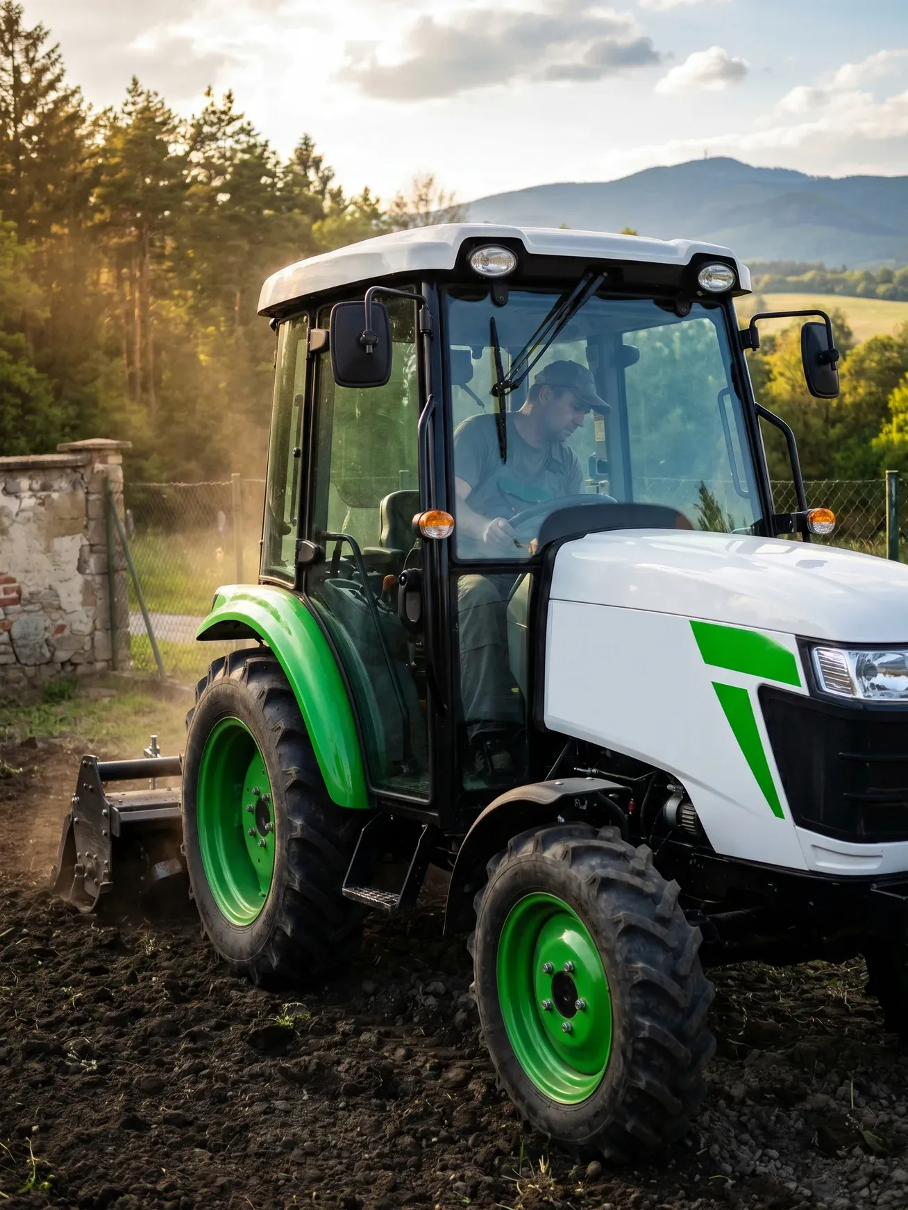 Cielená terénna úprava menšieho pozemku, pohľad z traktora s frézou v podhorí